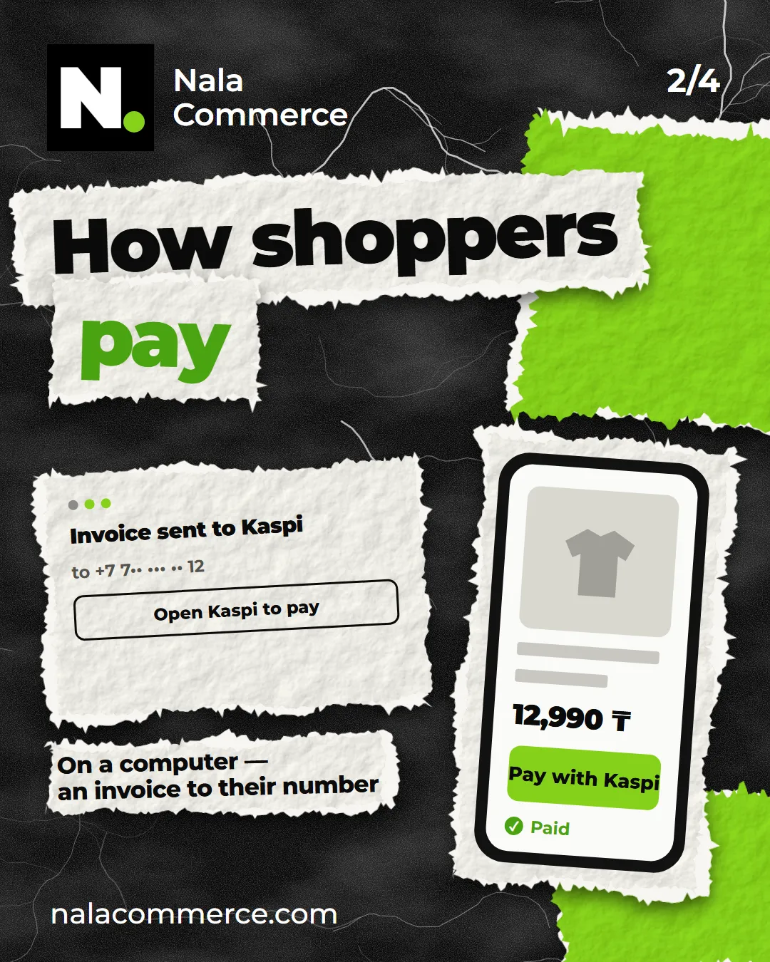 How shoppers pay: on a phone in the Kaspi app, on a computer with an invoice to their number