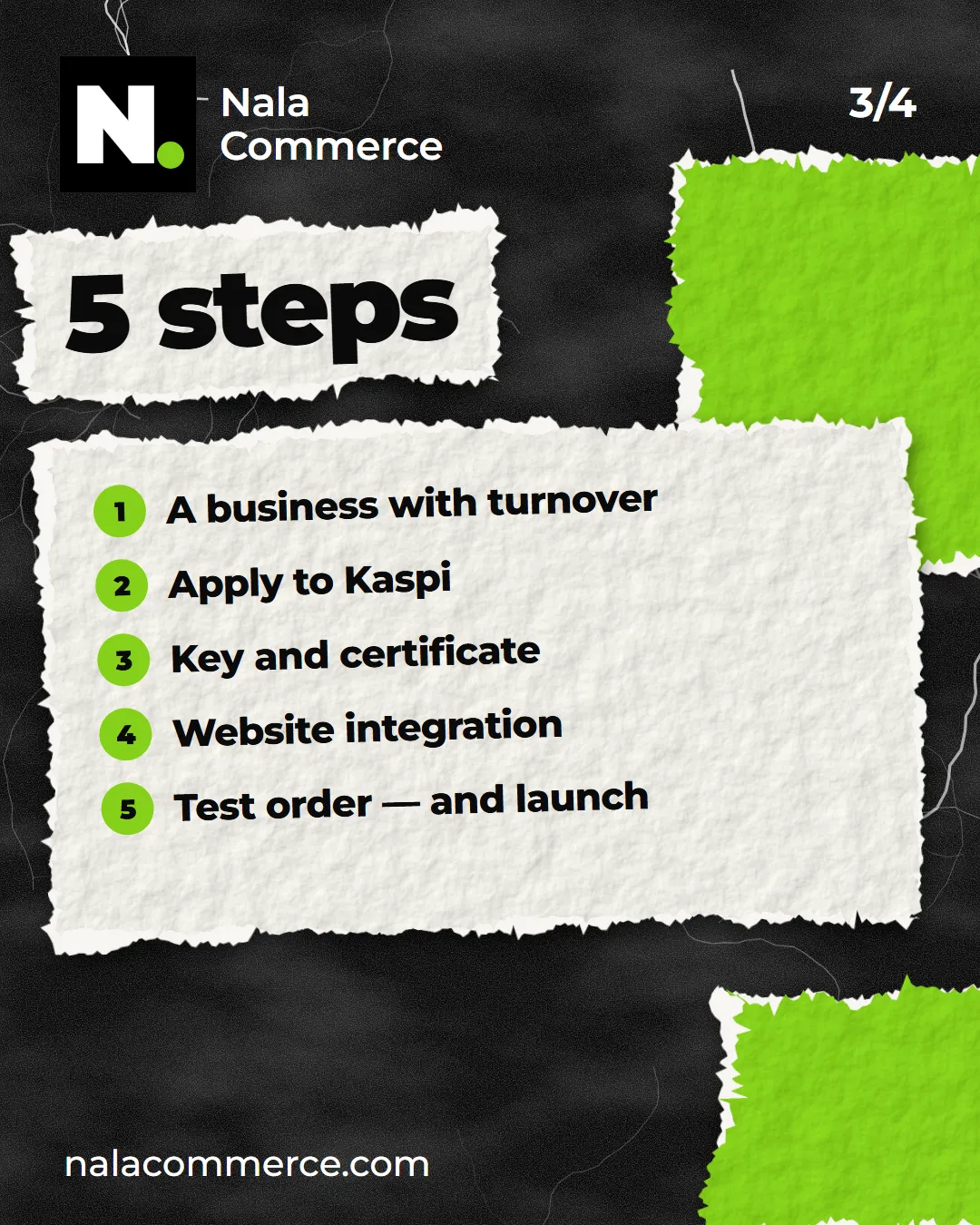 5 steps: a business with turnover, apply to Kaspi, key and certificate, integration, test order