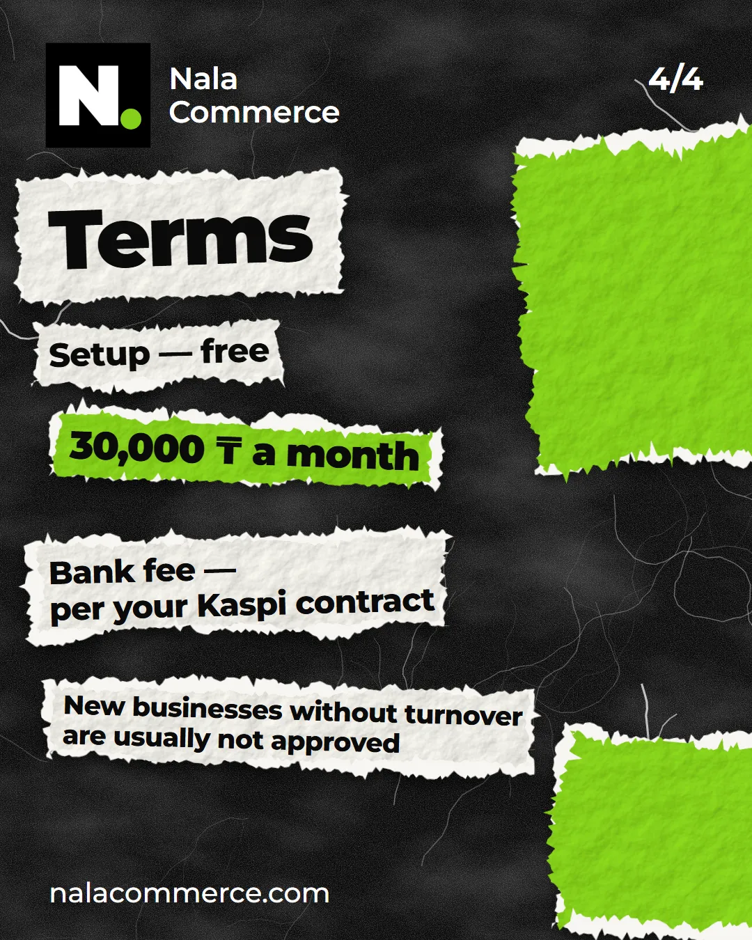 Terms: free setup, 30,000 ₸ a month, bank fee per your Kaspi contract