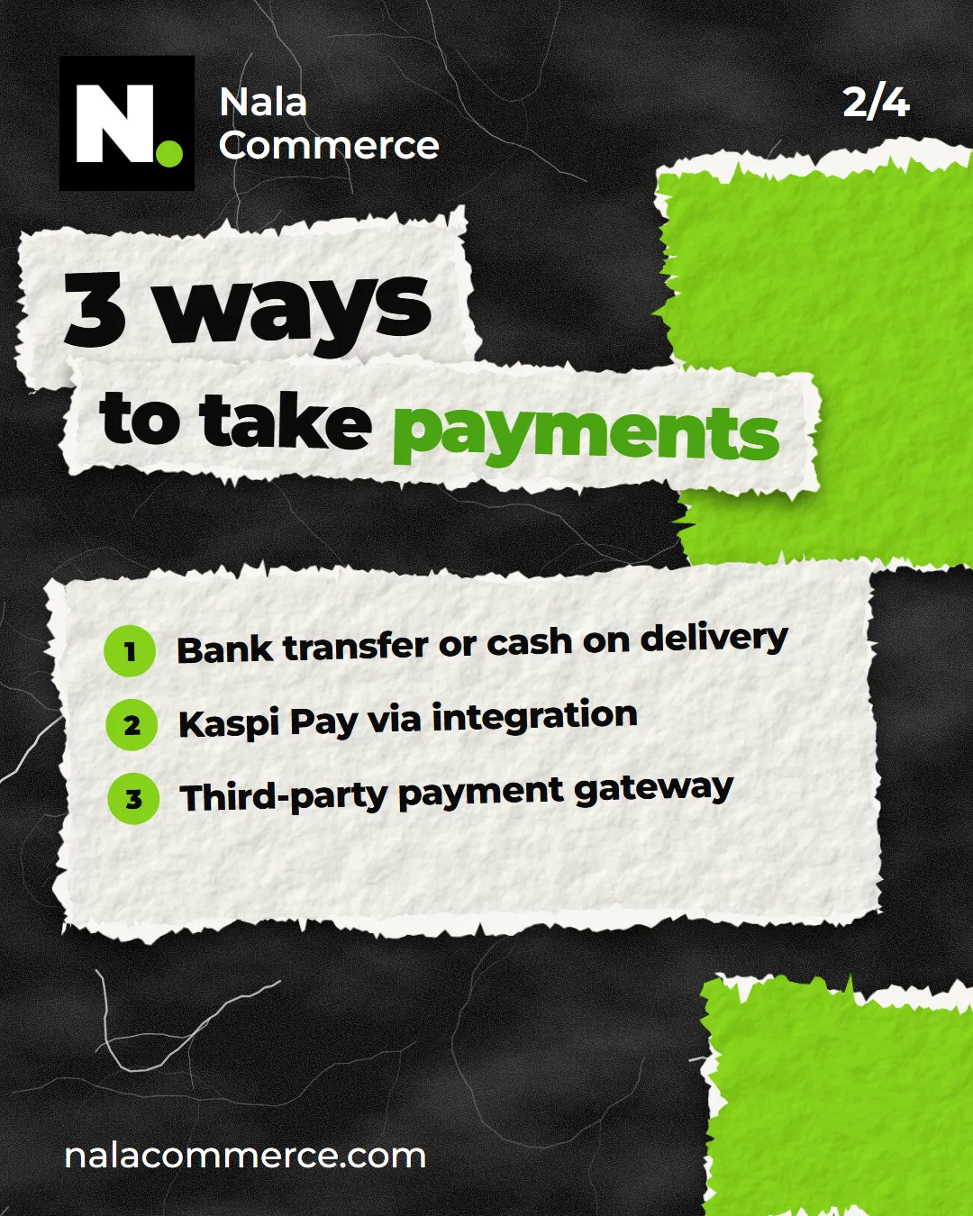 Three ways to take payments: transfer or on delivery, Kaspi Pay, third-party gateway