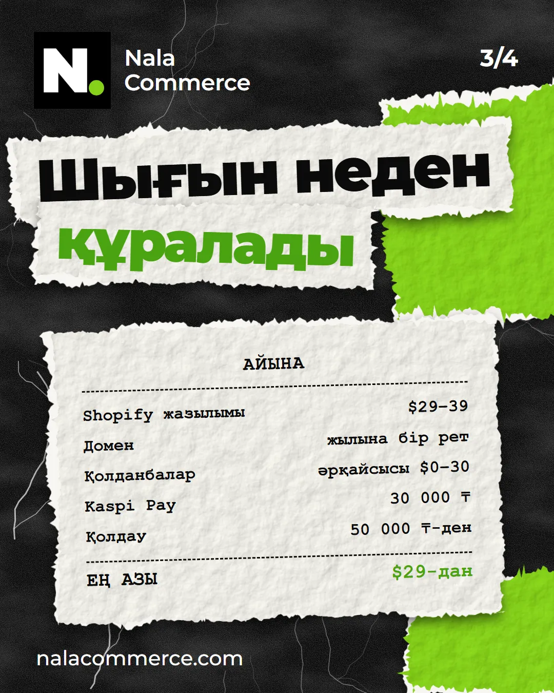 Шығын неден құралады: Shopify жазылымы, домен, қолданбалар, Kaspi Pay, қолдау