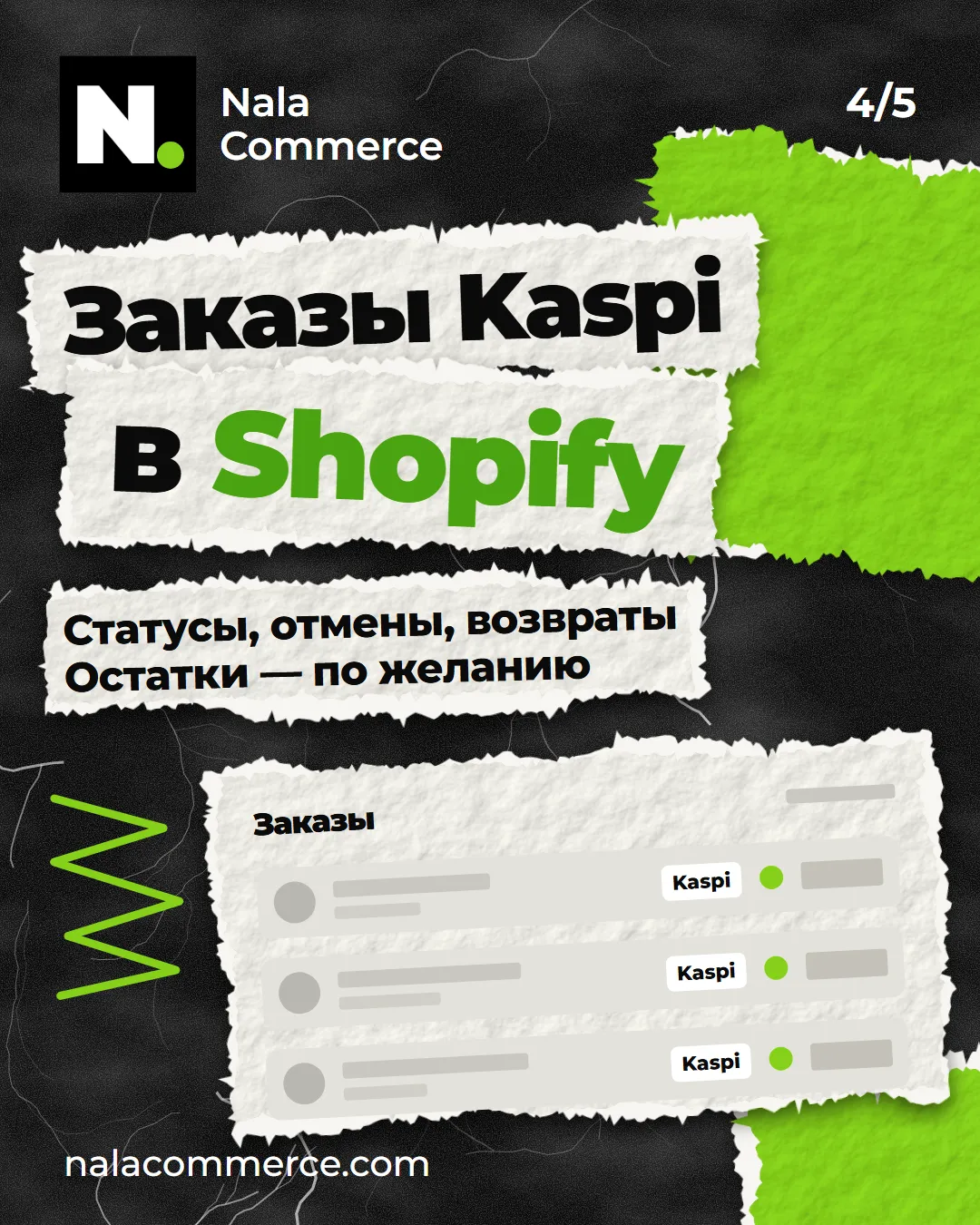 Заказы Kaspi в Shopify: статусы, отмены, возвраты, остатки — по желанию