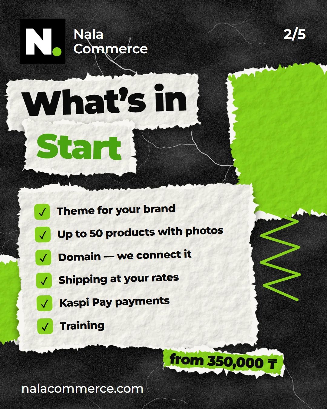 What’s in Start: theme for your brand, up to 50 products, domain, shipping, Kaspi Pay, training