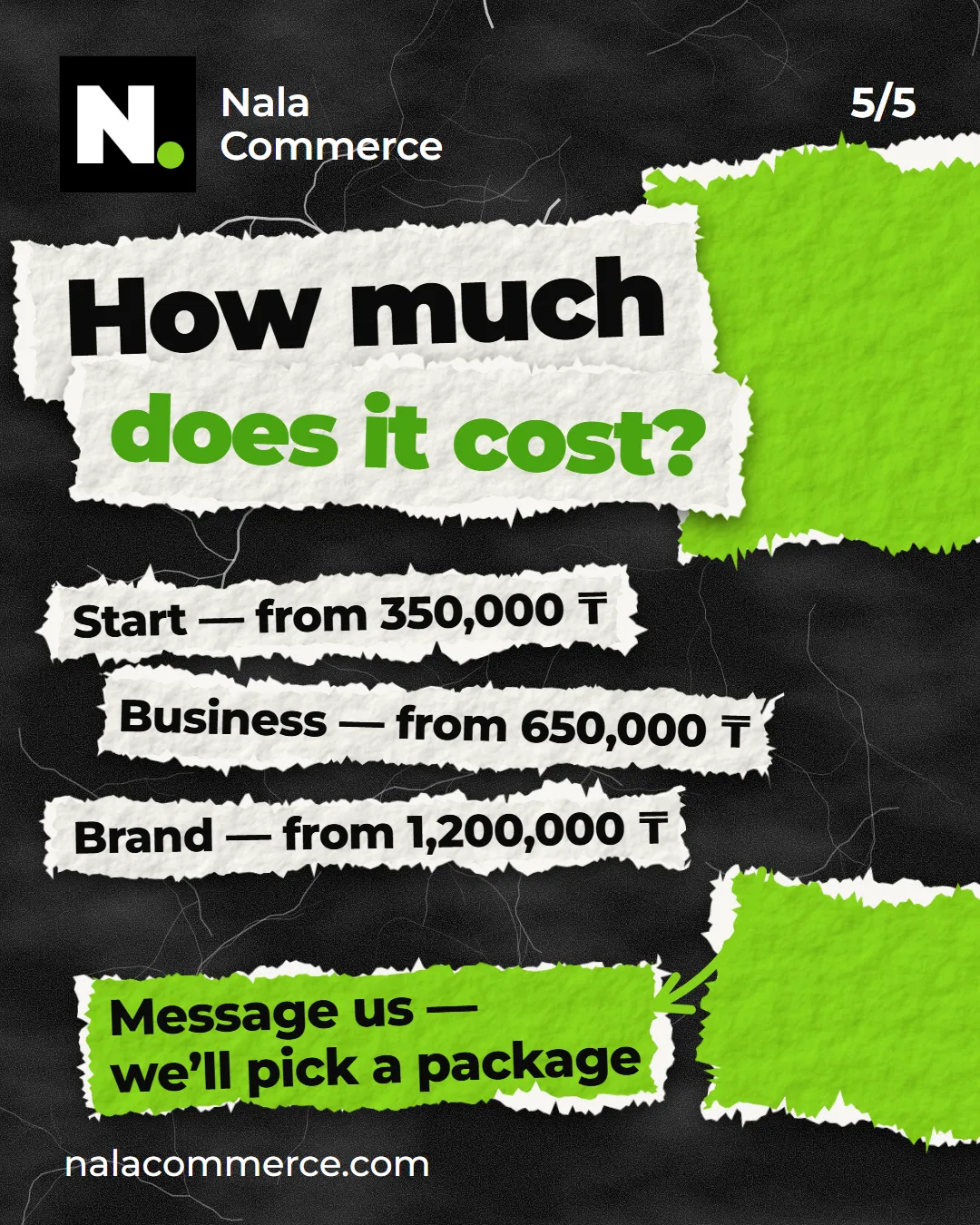 How much: Start from 350,000 ₸, Business from 650,000 ₸, Brand from 1,200,000 ₸